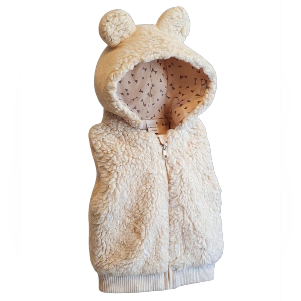 H&M Neutral Beige Bear Ears Faux Fur Removable Hoodie Full Zip Up Vest Size 4-6M